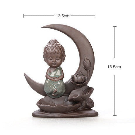 Little Buddha With Moon Backflow Incense Burner And Lotus Leaves