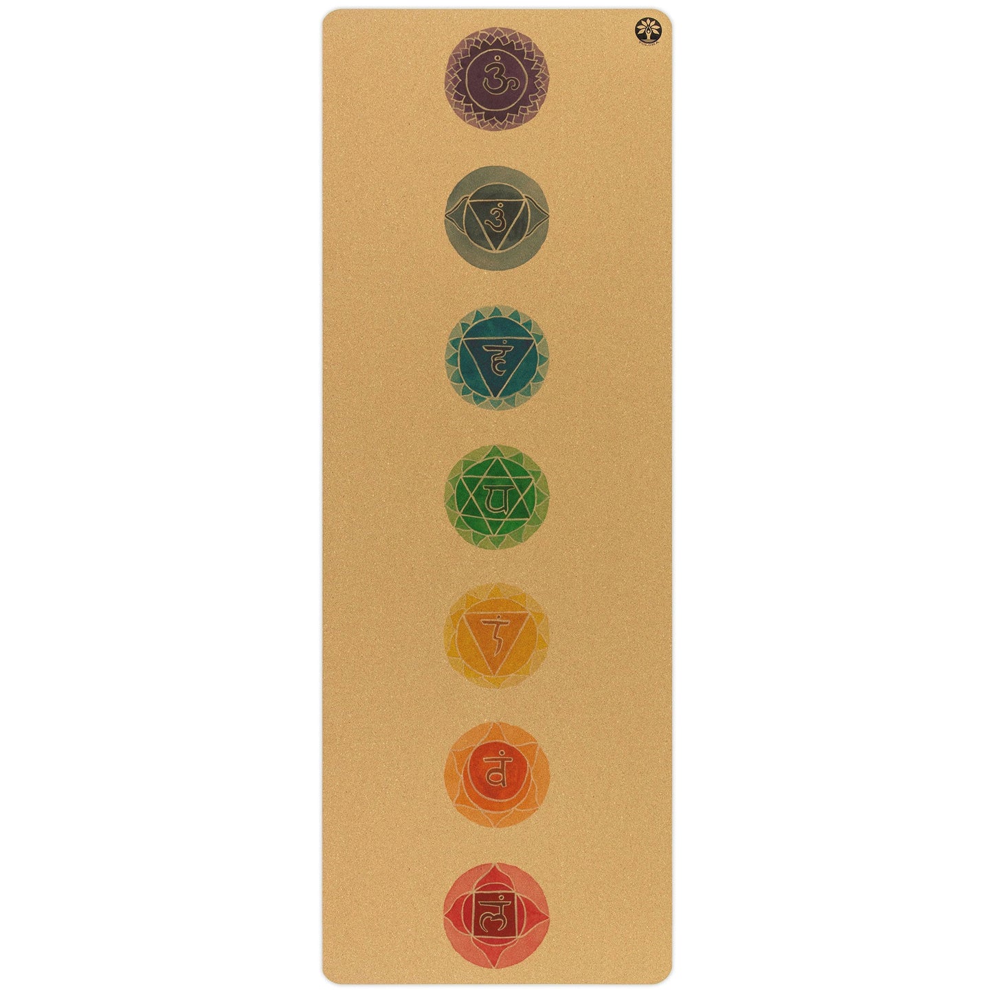Yoga mat with chakra symbols on a beige background