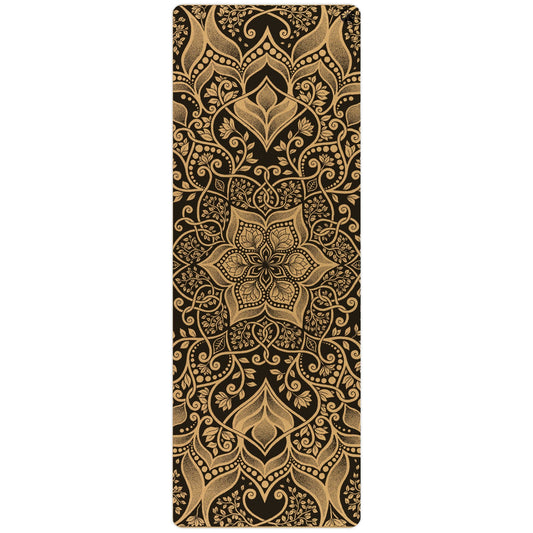Decorative mat with intricate gold pattern on a black background
