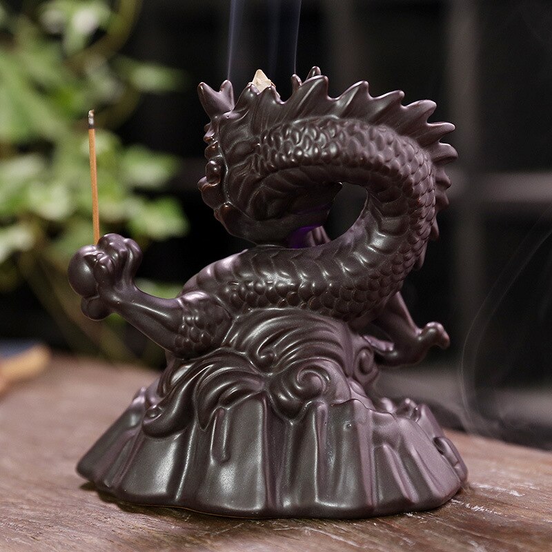 Ceramic Dragon Backflow Incense Burner With Crystal and Stick Holder