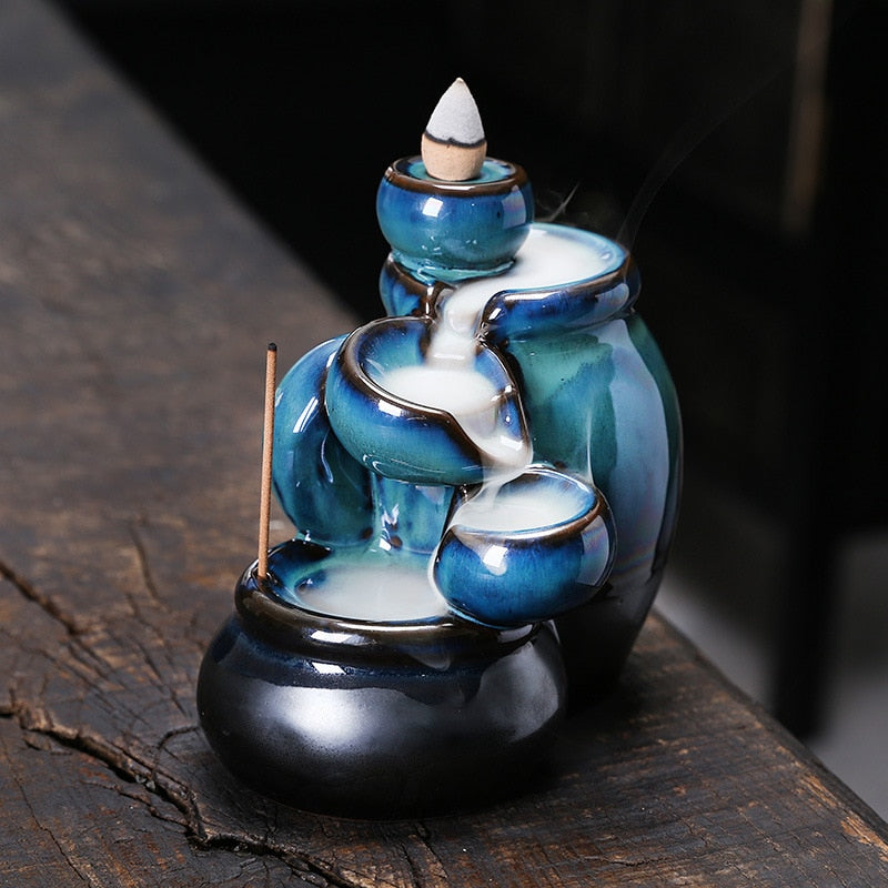 Blue Jars Cascading Waterfall Backflow Incense Burner Holder