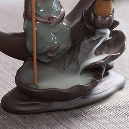Little Buddha With Moon Backflow Incense Burner And Lotus Leaves