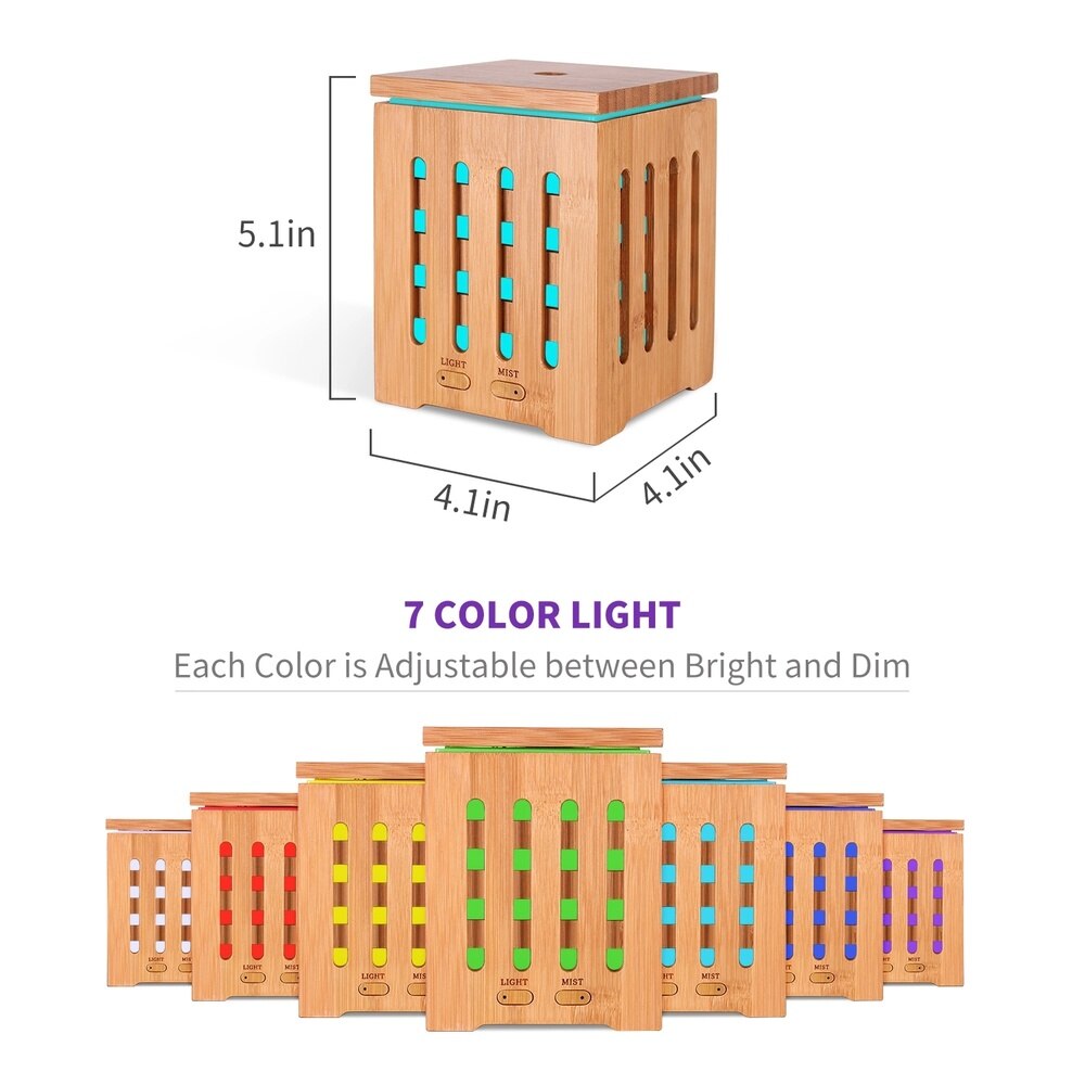 200ml Cubic Ultrasonic Bamboo Humidifier Nebulizer with 7 Color LED Lights