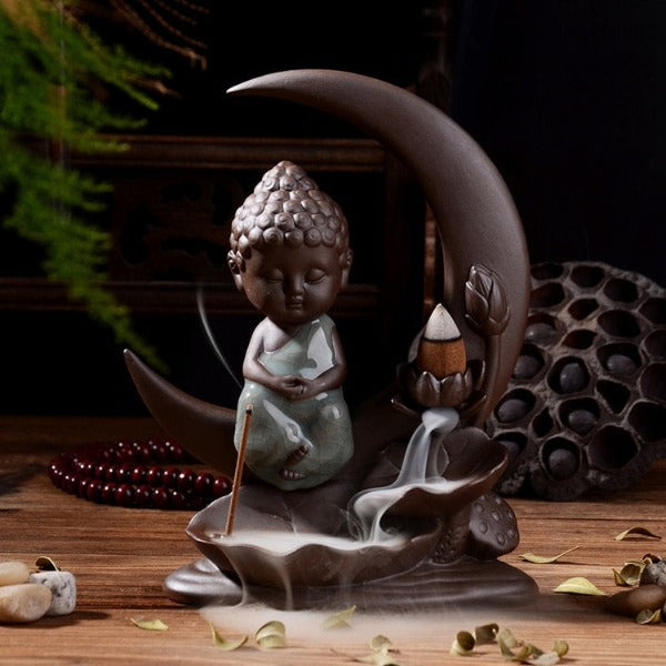 Little Buddha With Moon Backflow Incense Burner And Lotus Leaves